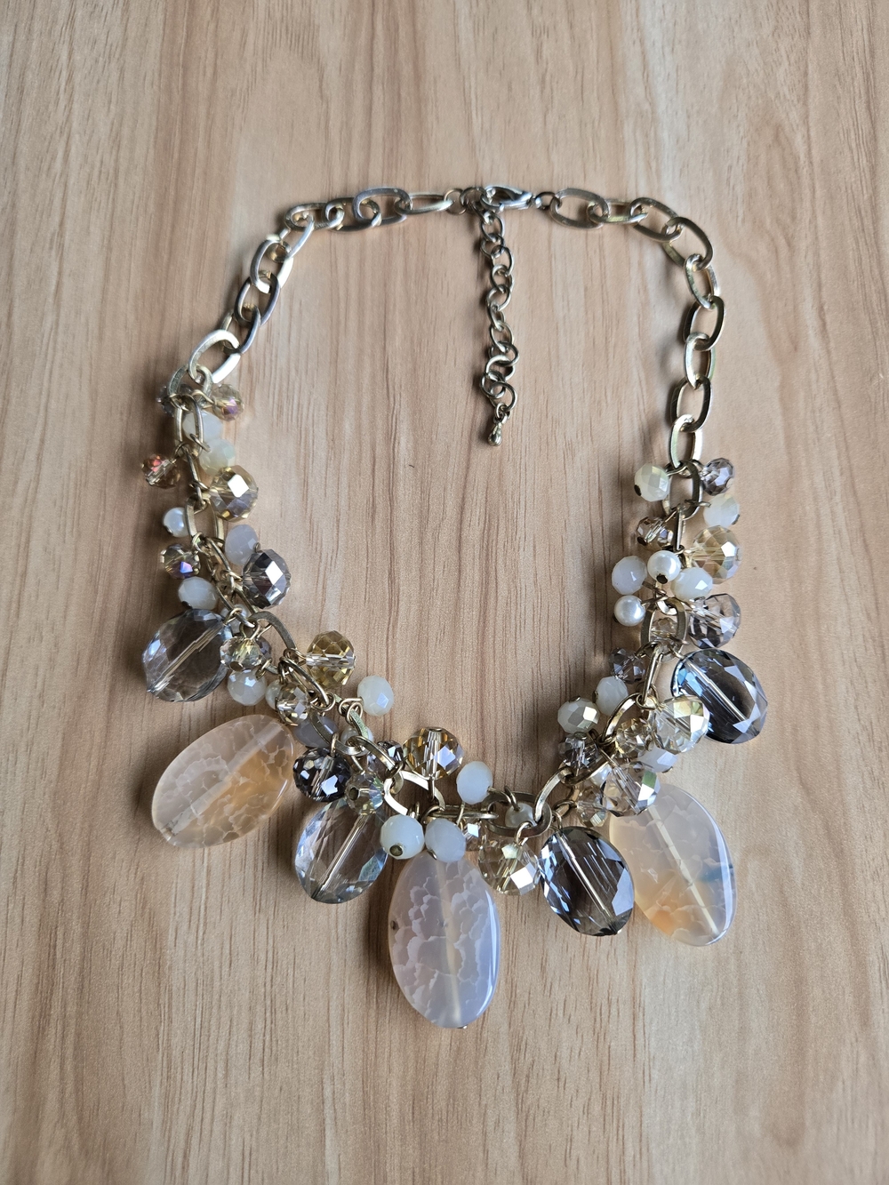 Gold-Tone Cluster Statement Necklace Agate Crystal Beads Peach Clear Smoky Grey